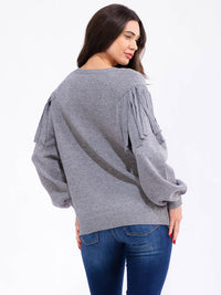 WOMEN'S LONG SLEEVE FRINGE DETAILED PULLOVER SWEATER
