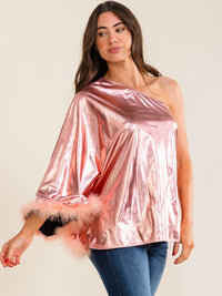 ENTRO WOMEN'S LONG SLEEVE ONE SHOULDER TRIM DETAILED SHIMMER BLOUSE
