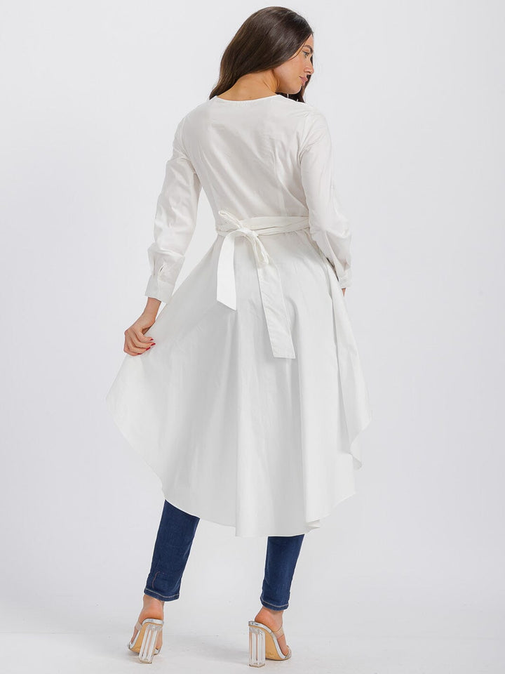 WOMEN'S LONG SLEEVE V-NECK LOW-HIGH RUFFLE TOP