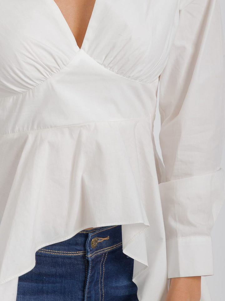 WOMEN'S LONG SLEEVE V-NECK LOW-HIGH RUFFLE TOP