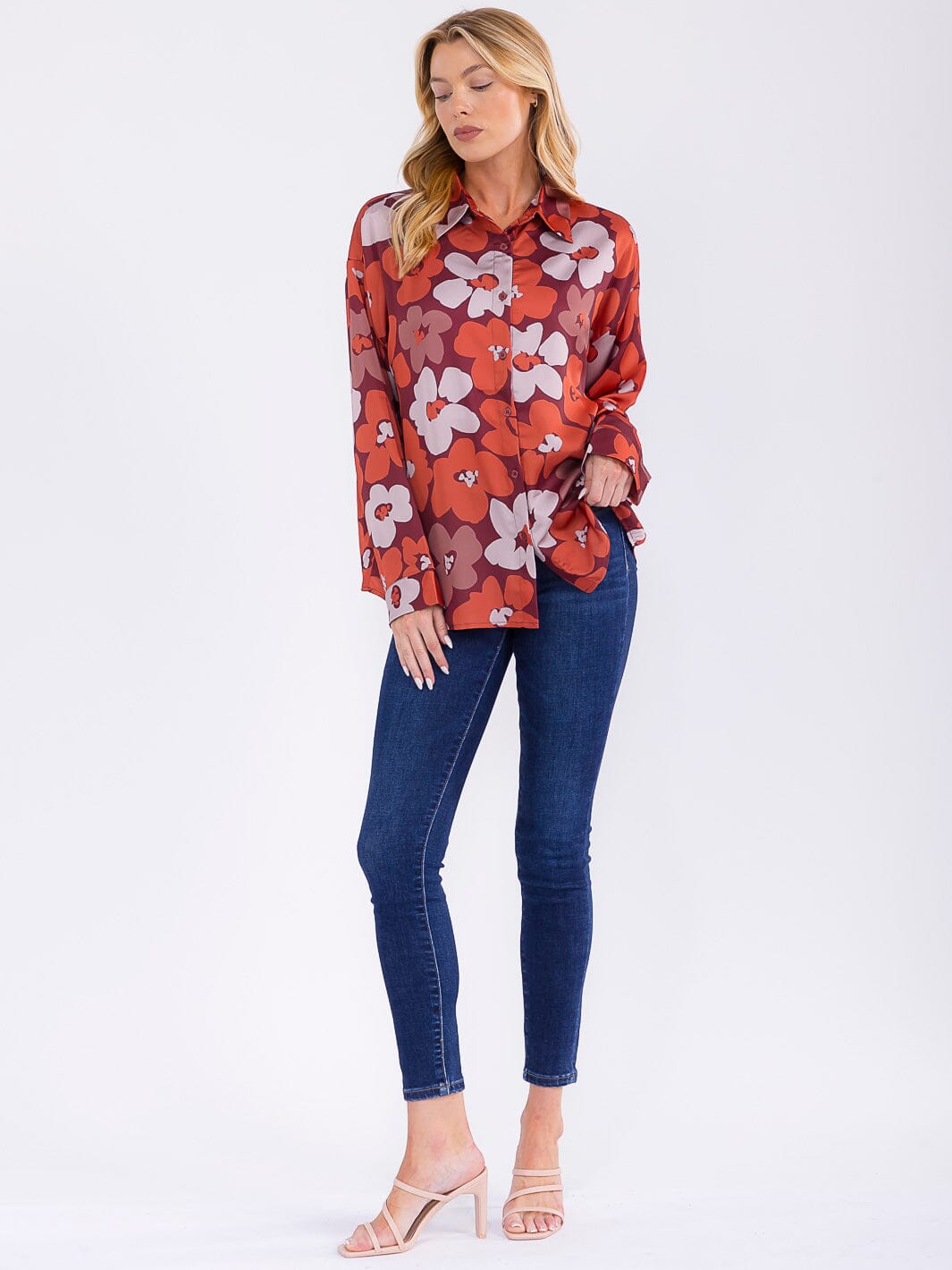 WOMEN'S LONG SLEEVE BUTTON UP FLORAL PRINT BLOUSE