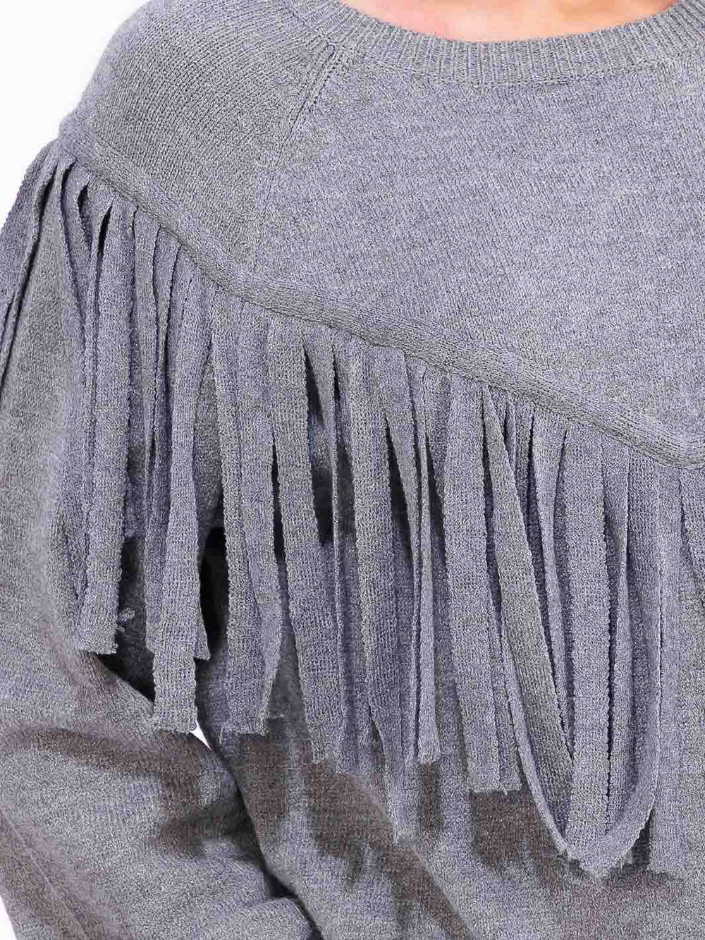 WOMEN'S LONG SLEEVE FRINGE DETAILED PULLOVER SWEATER
