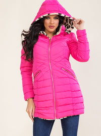 WOMEN'S LONG SLEEVE ZIP UP FRONT POCKETS REMOVABLE HOODIE REVERSIBLE ANIMAL PRINT SHERPA PUFFER COAT