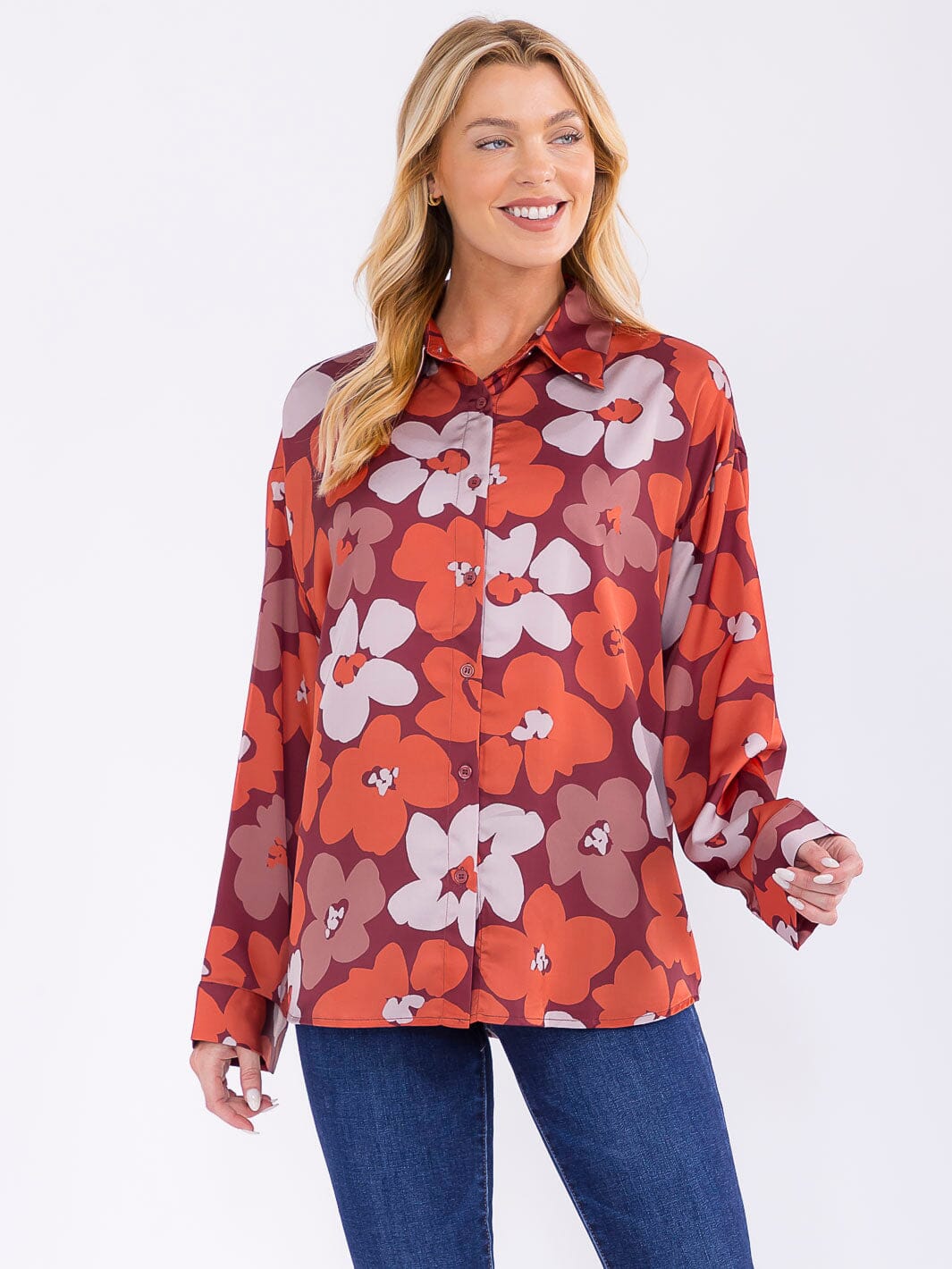 WOMEN'S LONG SLEEVE BUTTON UP FLORAL PRINT BLOUSE