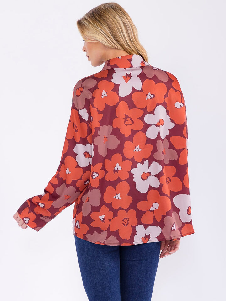 WOMEN'S LONG SLEEVE BUTTON UP FLORAL PRINT BLOUSE