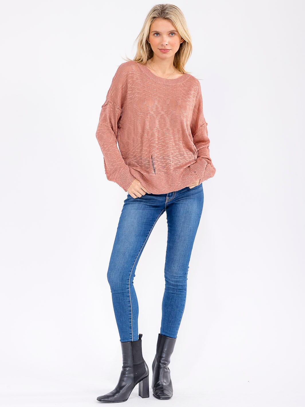 WOMEN'S LONG SLEEVE DISTRESS KNITTED TOP