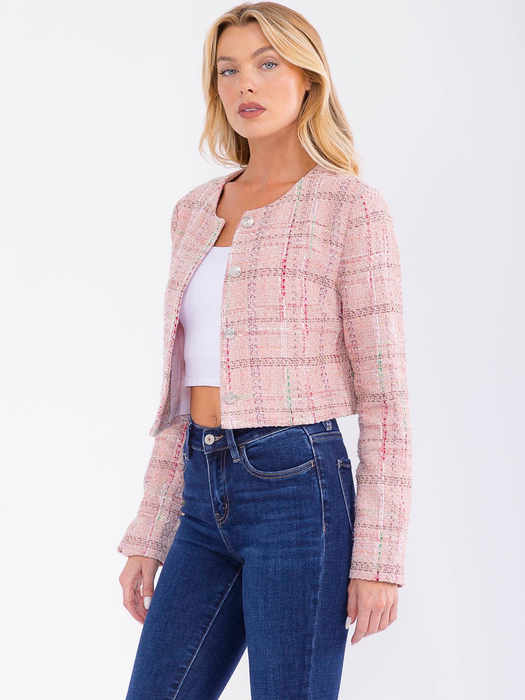 WOMEN'S LONG SLEEVE BUTTON CLOSURE TWEED BLAZER