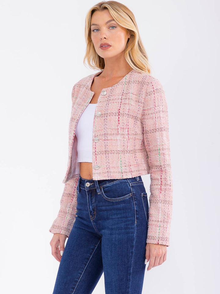 WOMEN'S LONG SLEEVE BUTTON CLOSURE TWEED BLAZER