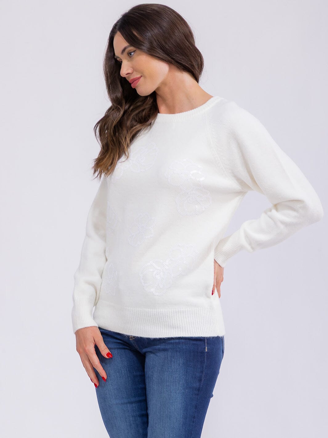 WOMEN'S LONG SLEEVE SEQUINS FLORAL PULLOVER SWEATER