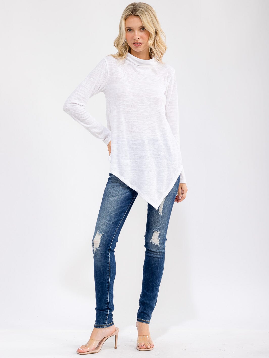 WOMEN'S LONG SLEEVE TURTLE NECK HIGH-LOW TOP