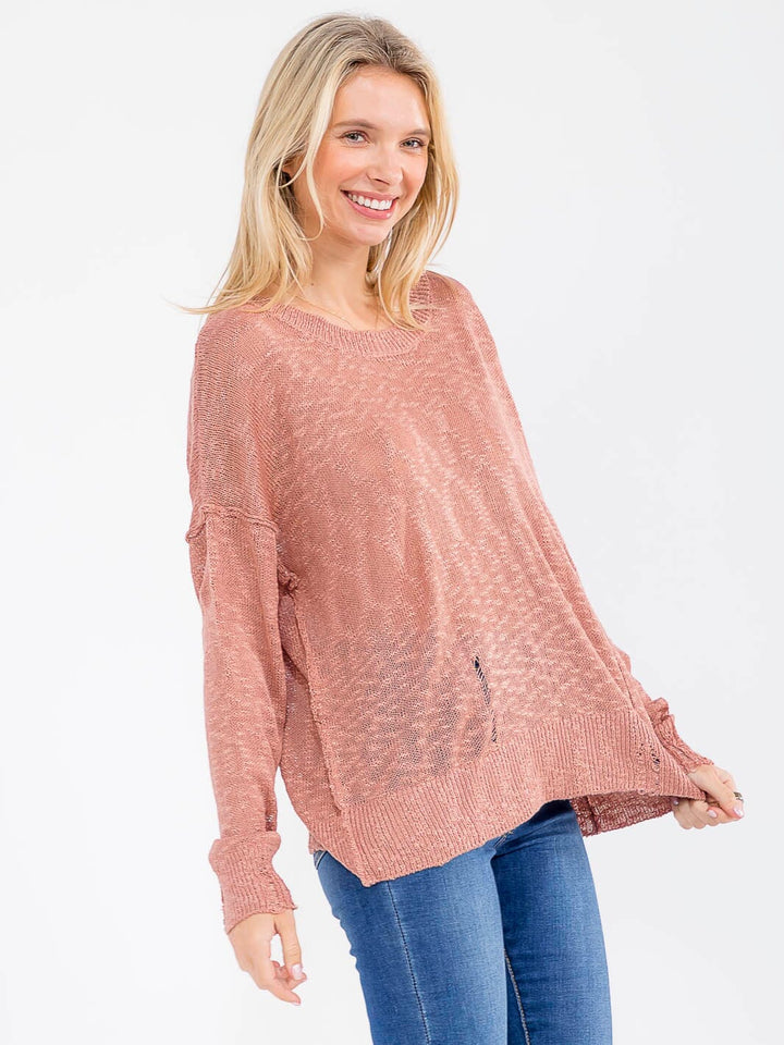 WOMEN'S LONG SLEEVE DISTRESS KNITTED TOP