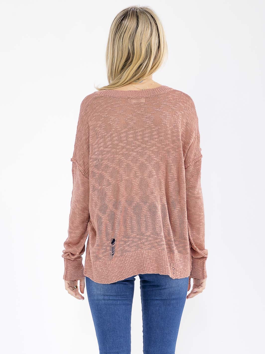 WOMEN'S LONG SLEEVE DISTRESS KNITTED TOP