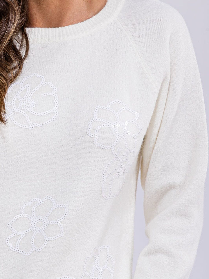 WOMEN'S LONG SLEEVE SEQUINS FLORAL PULLOVER SWEATER