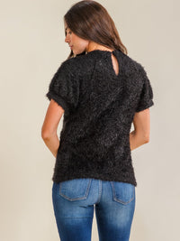 ENTRO WOMEN'S SHORT SLEEVE FRONT CUT OUT FUZZY BLOUSE