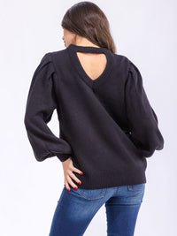 WOMEN'S LONG BALLON SLEEVE OPEN BACK PULLOVER SWEATER