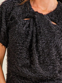ENTRO WOMEN'S SHORT SLEEVE FRONT CUT OUT FUZZY BLOUSE