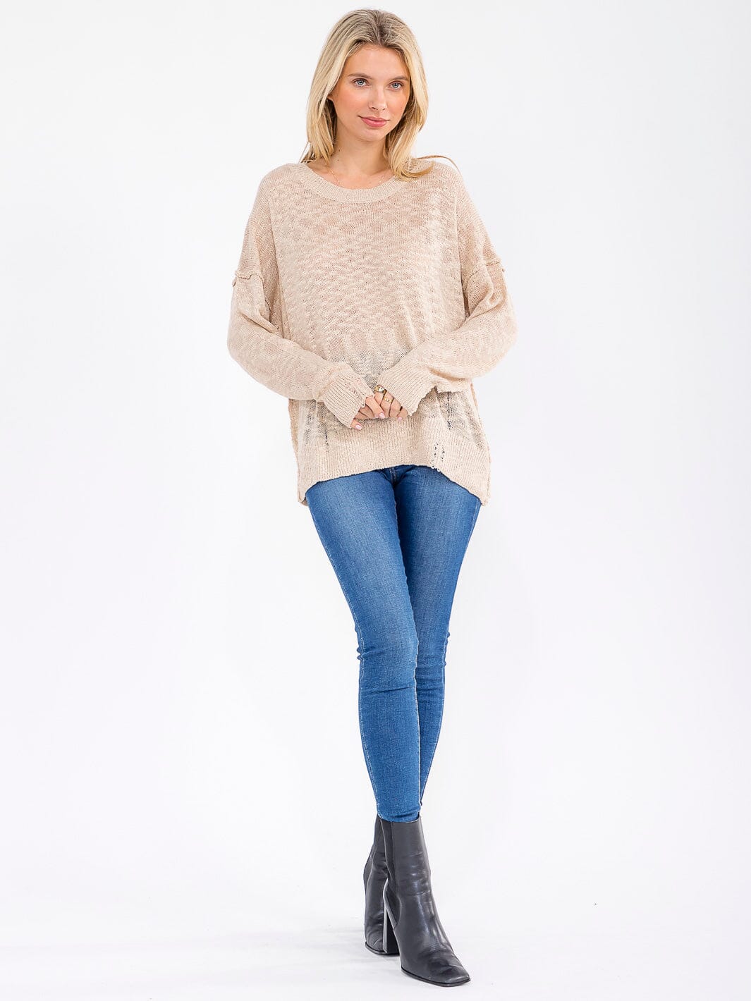 WOMEN'S LONG SLEEVE DISTRESS KNITTED TOP