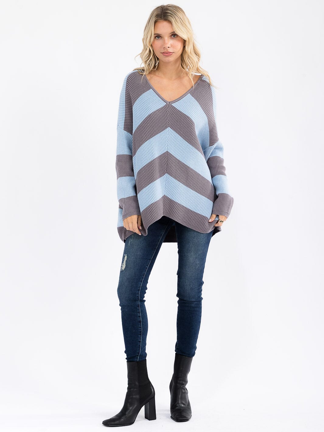 WOMEN'S LONG SLEEVE V-NECK KNIT COLORBLOCK PULLOVER HIGH-LOW SWEATER