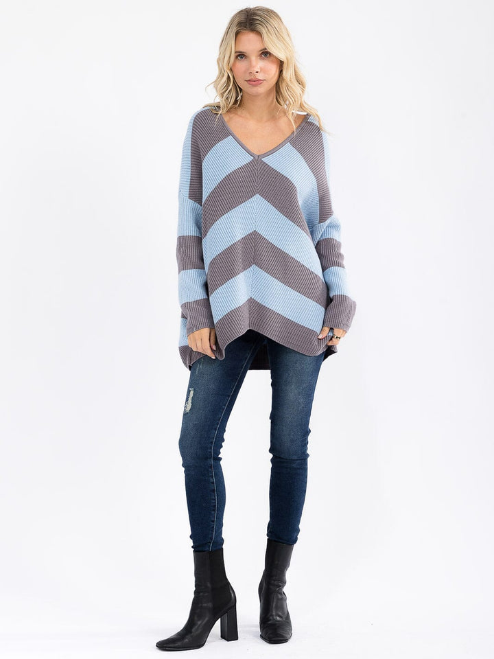 WOMEN'S LONG SLEEVE V-NECK KNIT COLORBLOCK PULLOVER HIGH-LOW SWEATER