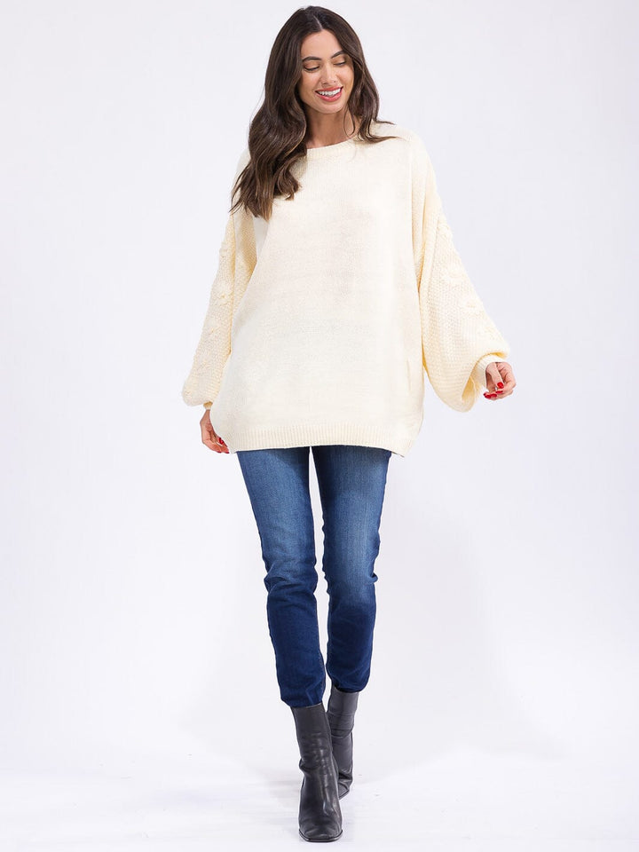 WOMEN'S LONG BALLON SLEEVE FLORAL EMBROIDERY DETAILED KNIT PULLOVER SWEATER