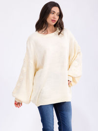 WOMEN'S LONG BALLON SLEEVE FLORAL EMBROIDERY DETAILED KNIT PULLOVER SWEATER