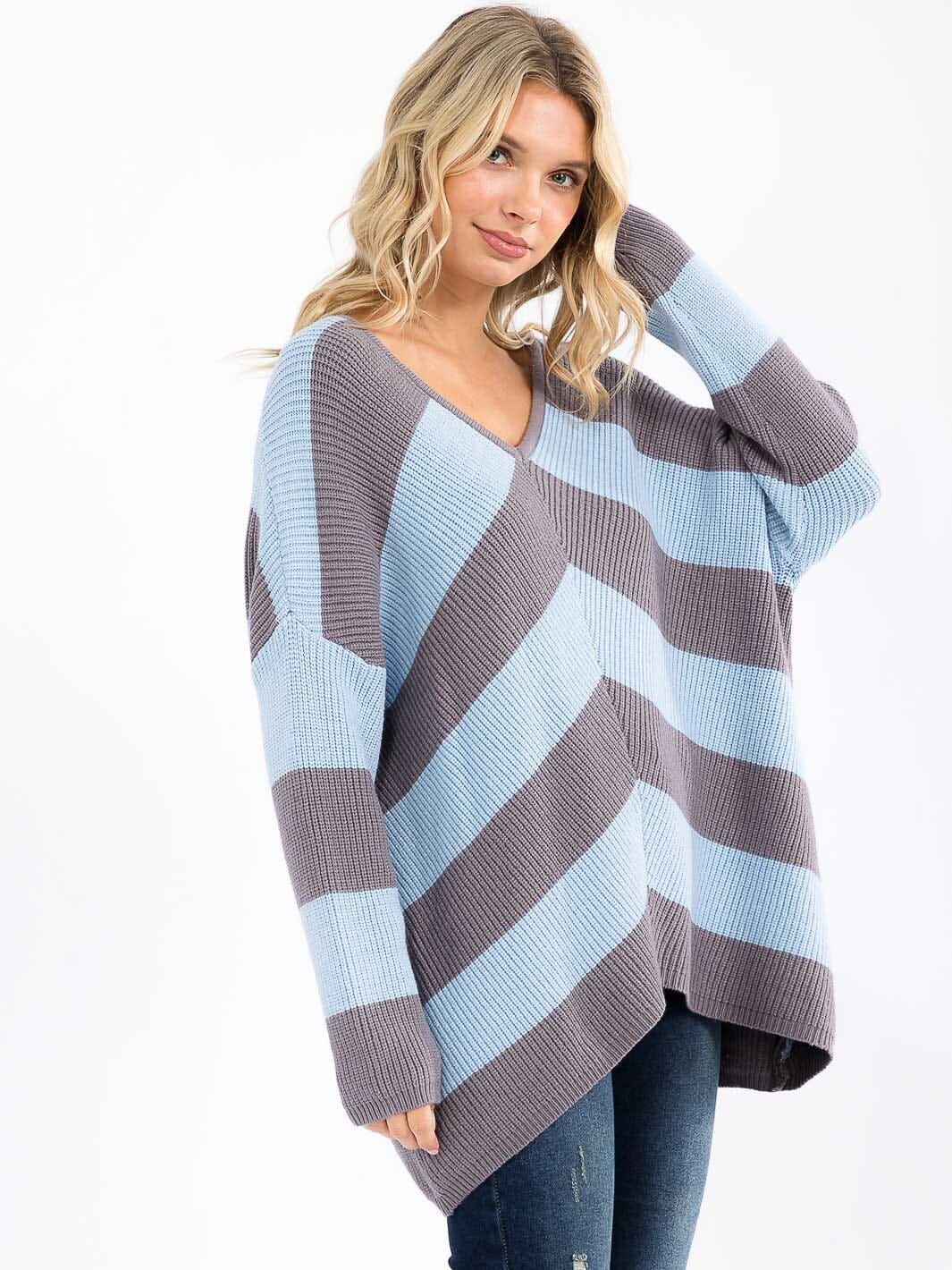 WOMEN'S LONG SLEEVE V-NECK KNIT COLORBLOCK PULLOVER HIGH-LOW SWEATER