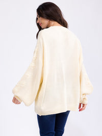 WOMEN'S LONG BALLON SLEEVE FLORAL EMBROIDERY DETAILED KNIT PULLOVER SWEATER