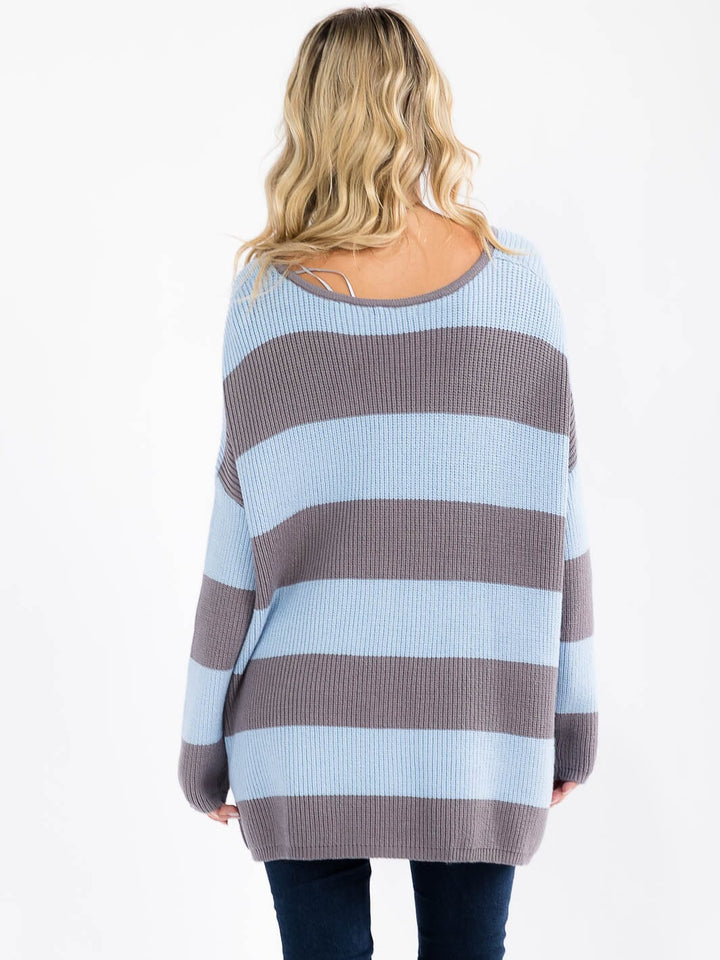 WOMEN'S LONG SLEEVE V-NECK KNIT COLORBLOCK PULLOVER HIGH-LOW SWEATER