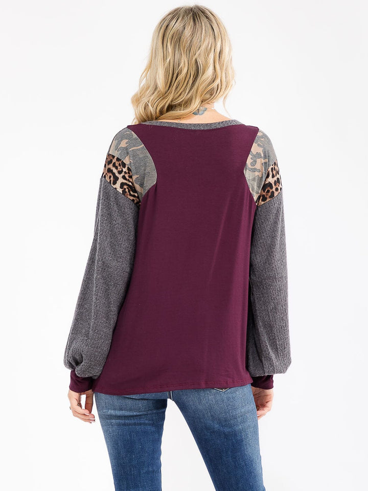 WOMEN'S LONG SLEEVE COLORBLOCK CONTRAST PRINT LOOSE FIT TOP