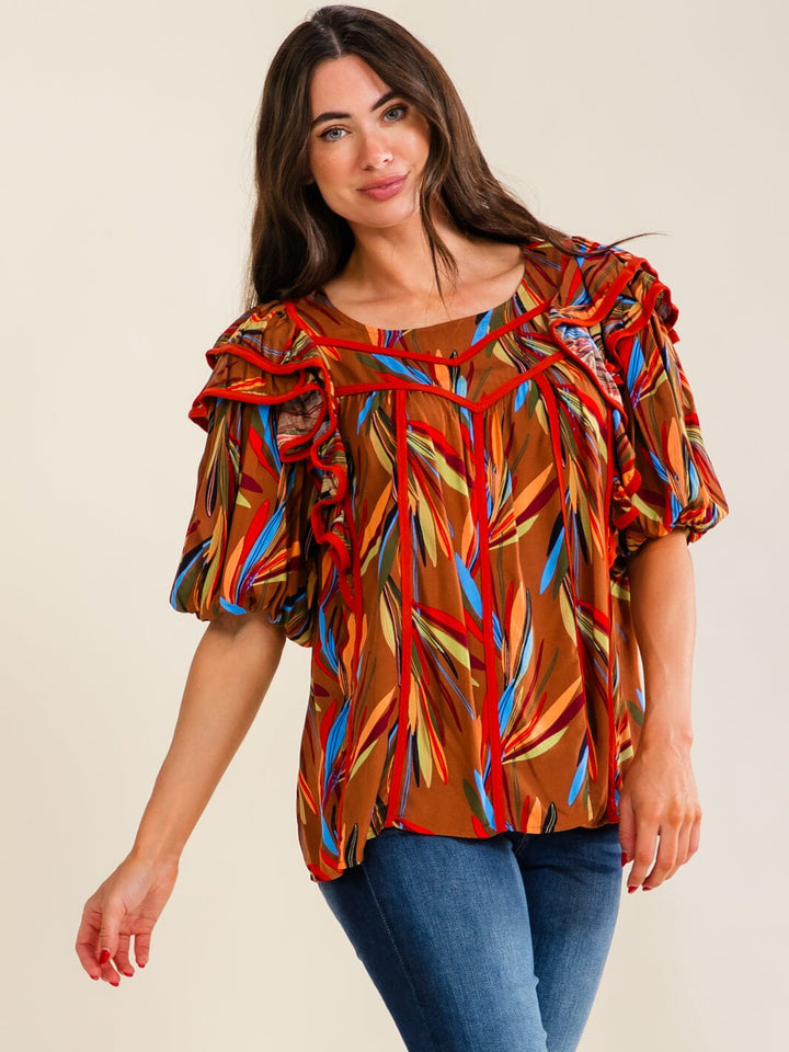 ENTRO WOMEN'S SHORT PUFF SLEEVE RUFFLE MULTI PRINT BLOUSE