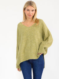 WOMEN'S LONG SLEEVE V-NECK PULLOVER HIGH-LOW SWEATER