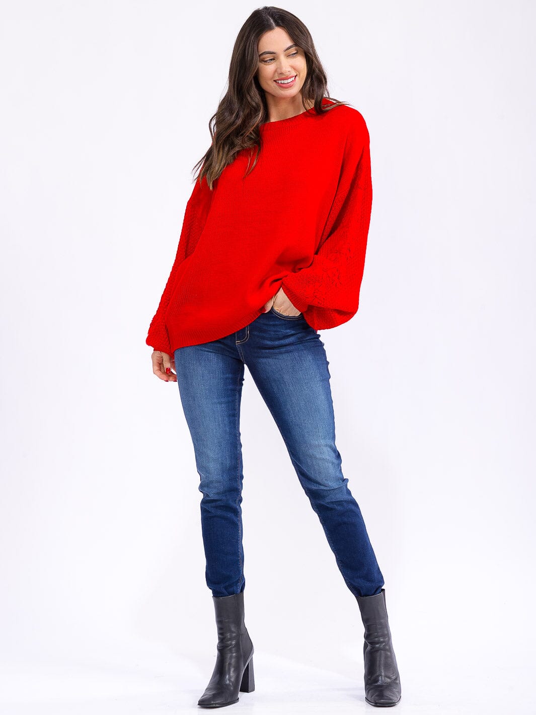 WOMEN'S LONG BALLON SLEEVE FLORAL EMBROIDERY DETAILED KNIT PULLOVER SWEATER