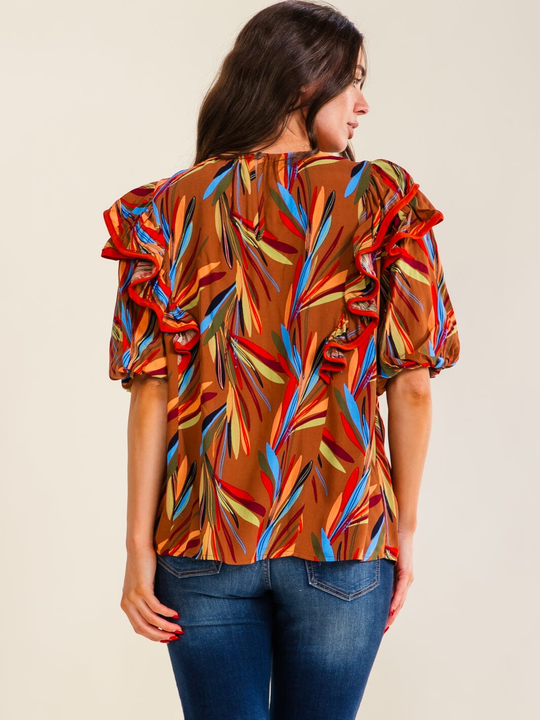 ENTRO WOMEN'S SHORT PUFF SLEEVE RUFFLE MULTI PRINT BLOUSE