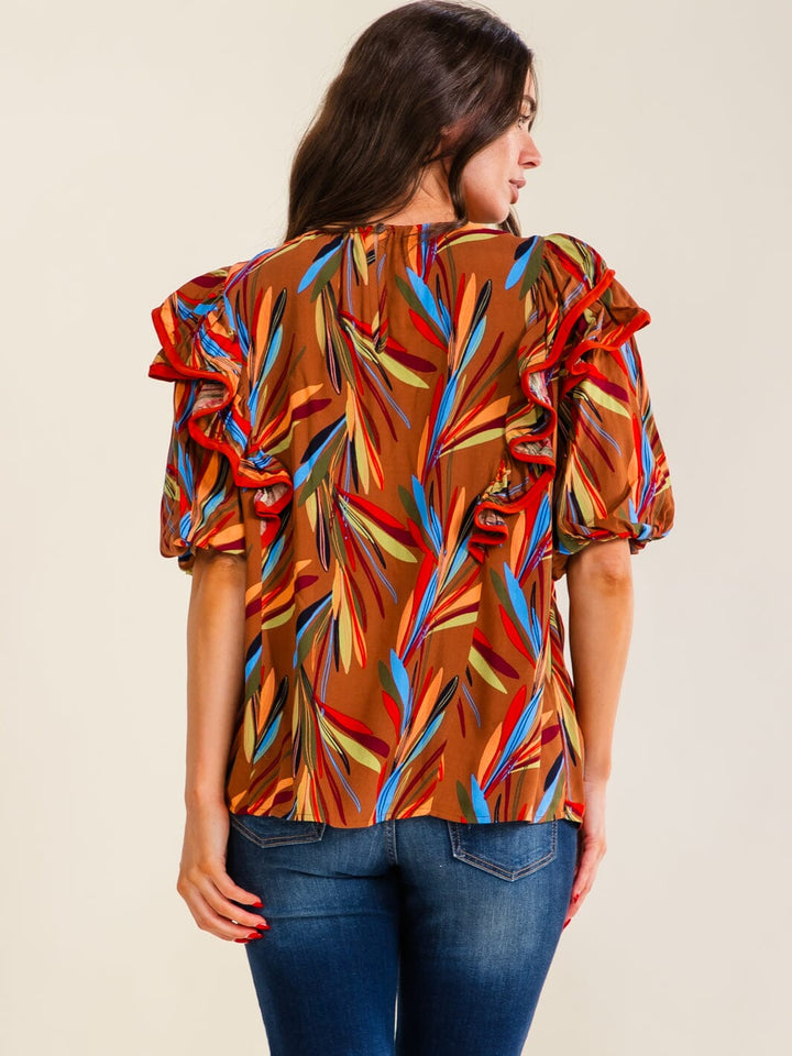 ENTRO WOMEN'S SHORT PUFF SLEEVE RUFFLE MULTI PRINT BLOUSE