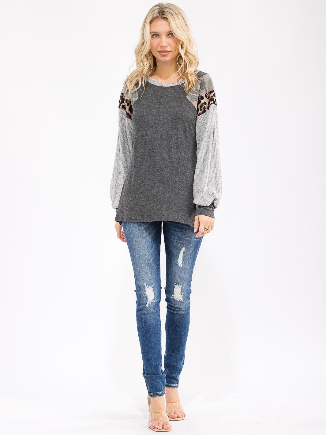 WOMEN'S LONG SLEEVE COLORBLOCK CONTRAST PRINT LOOSE FIT TOP