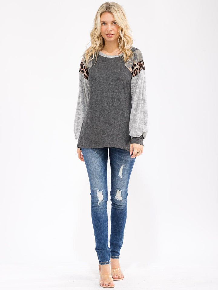 WOMEN'S LONG SLEEVE COLORBLOCK CONTRAST PRINT LOOSE FIT TOP