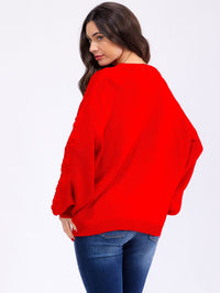 WOMEN'S LONG BALLON SLEEVE FLORAL EMBROIDERY DETAILED KNIT PULLOVER SWEATER