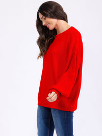 WOMEN'S LONG BALLON SLEEVE FLORAL EMBROIDERY DETAILED KNIT PULLOVER SWEATER