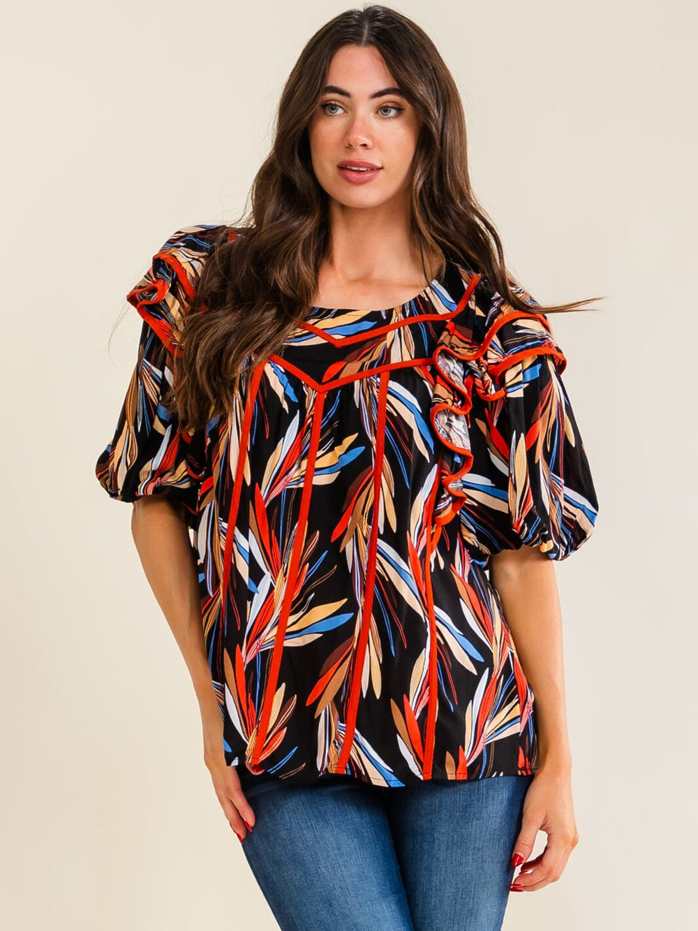 ENTRO WOMEN'S SHORT PUFF SLEEVE RUFFLE MULTI PRINT BLOUSE