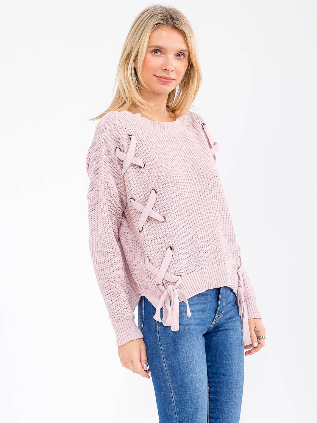 WOMEN'S LONG SLEEVE LACE UP KNIT PULLOVER SWEATER