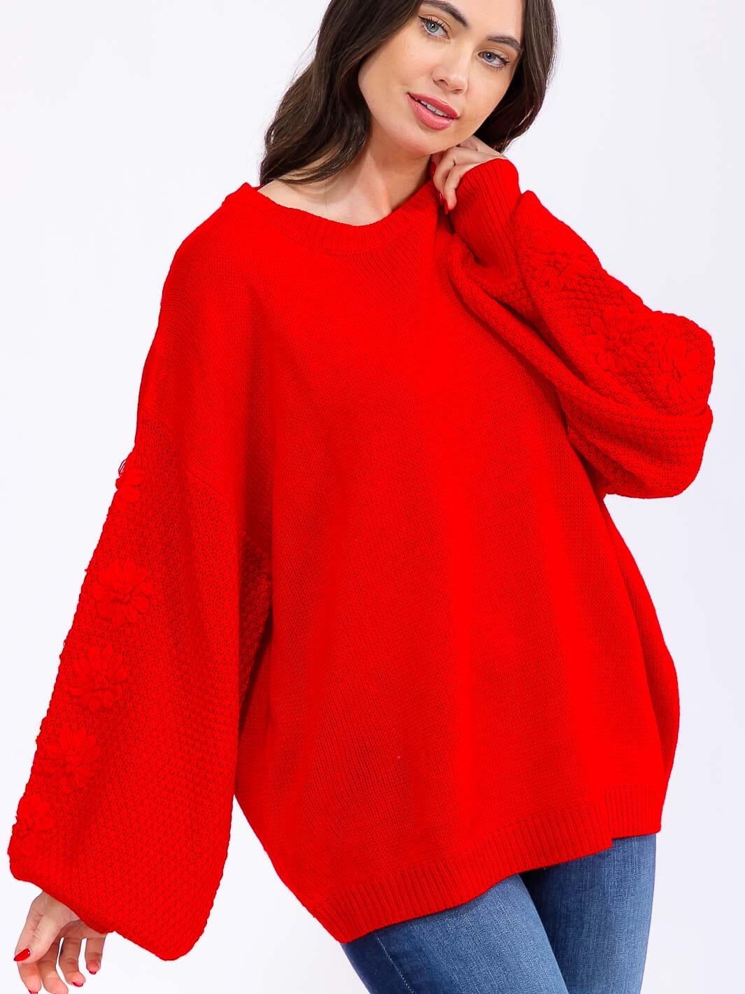 WOMEN'S LONG BALLON SLEEVE FLORAL EMBROIDERY DETAILED KNIT PULLOVER SWEATER