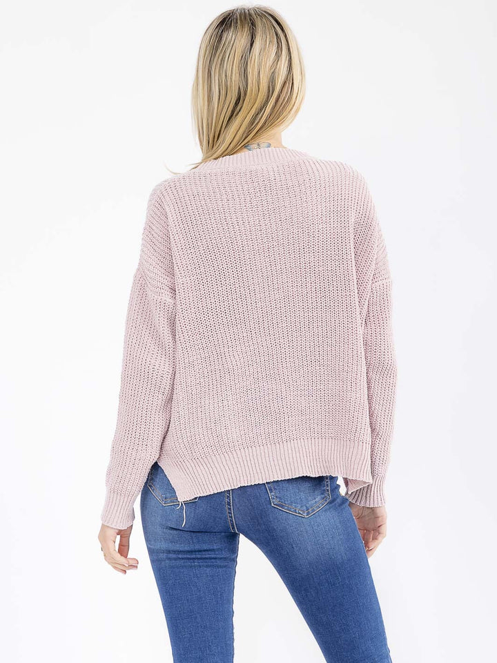 WOMEN'S LONG SLEEVE LACE UP KNIT PULLOVER SWEATER
