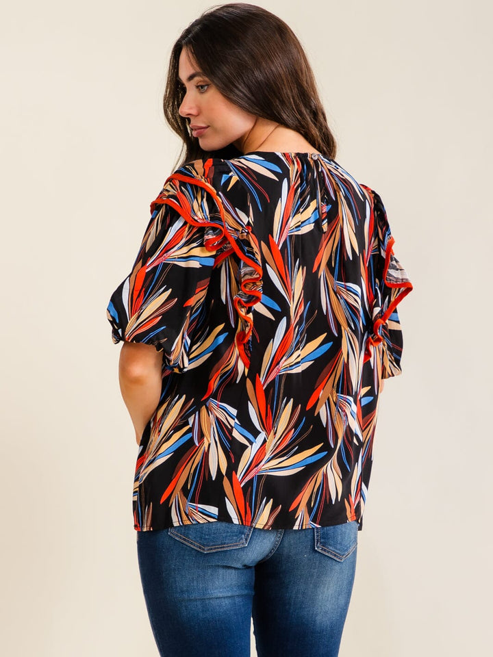 ENTRO WOMEN'S SHORT PUFF SLEEVE RUFFLE MULTI PRINT BLOUSE