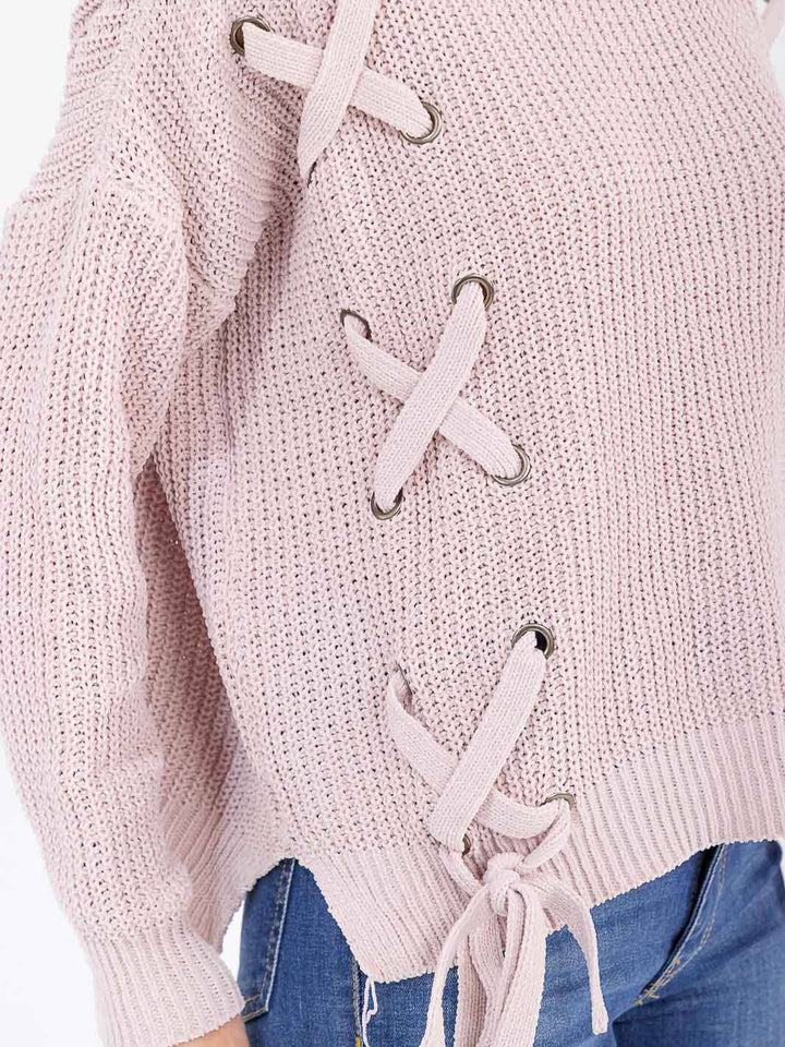 WOMEN'S LONG SLEEVE LACE UP KNIT PULLOVER SWEATER