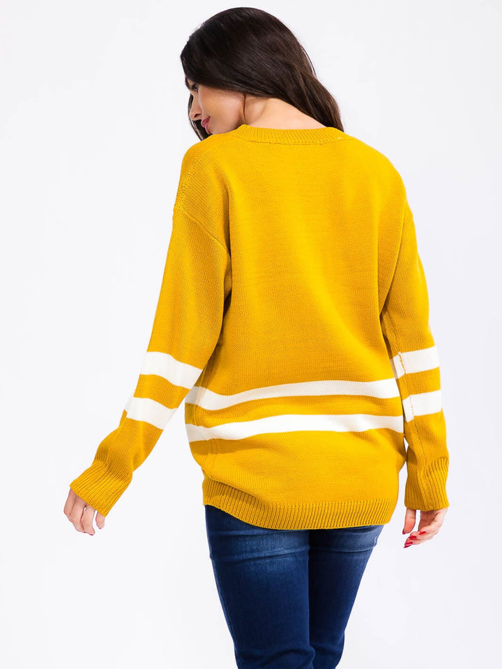 WOMEN'S LONG SLEEVE V-NECK COLORBLOCK KNIT PULLOVER SWEATER