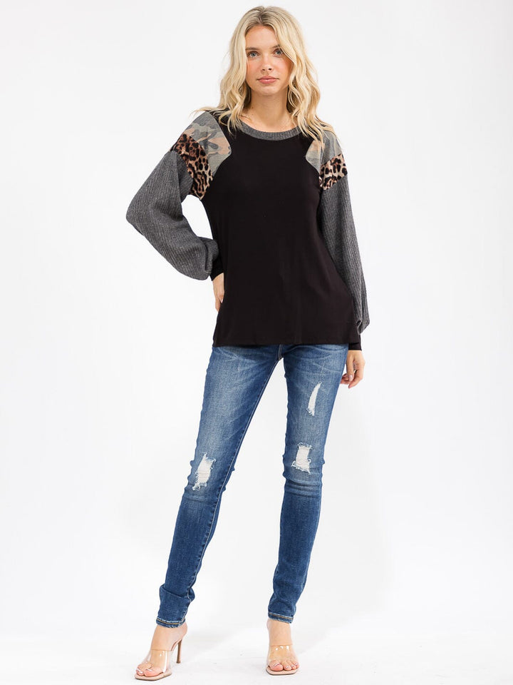 WOMEN'S LONG SLEEVE COLORBLOCK CONTRAST PRINT LOOSE FIT TOP