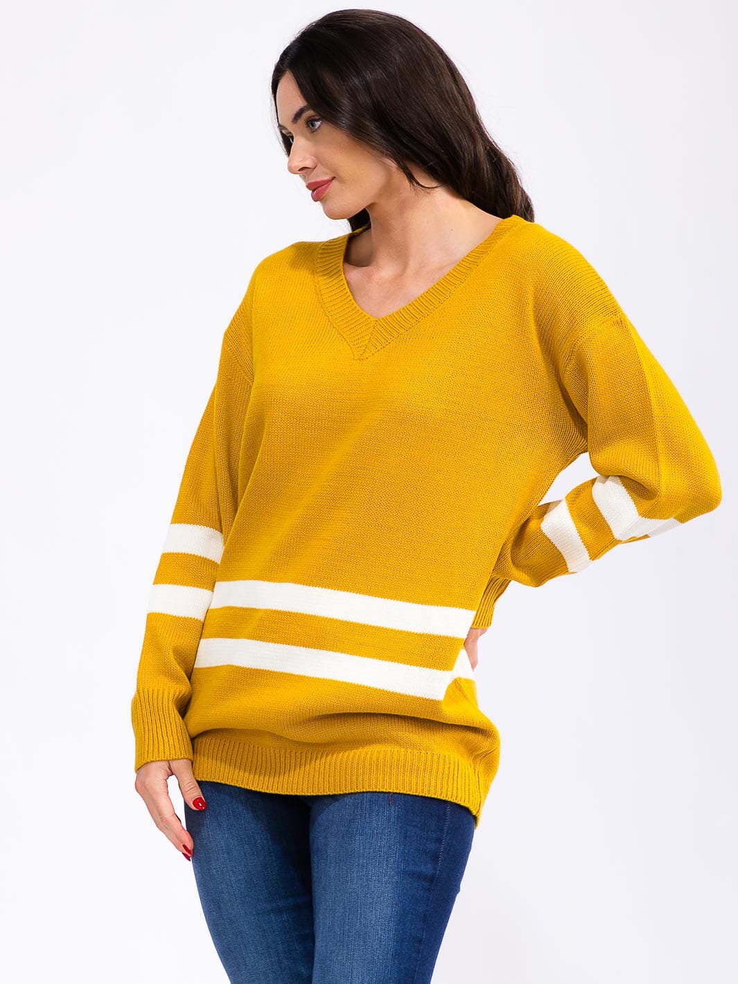 WOMEN'S LONG SLEEVE V-NECK COLORBLOCK KNIT PULLOVER SWEATER