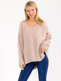 WOMEN'S LONG SLEEVE V-NECK PULLOVER HIGH-LOW SWEATER
