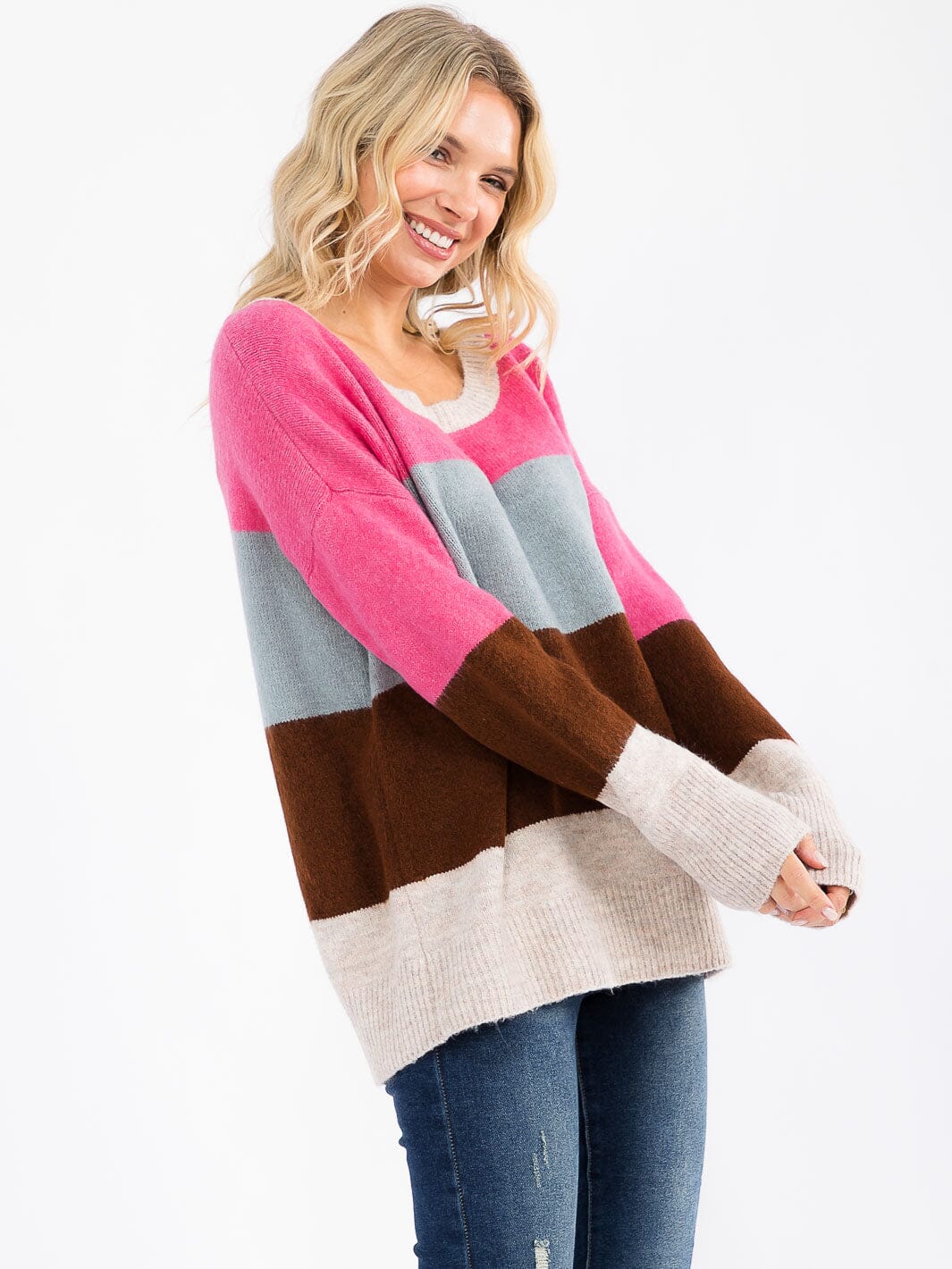 WOMEN'S LONG SLEEVE COLORBLOCK PULLOVER SWEATER