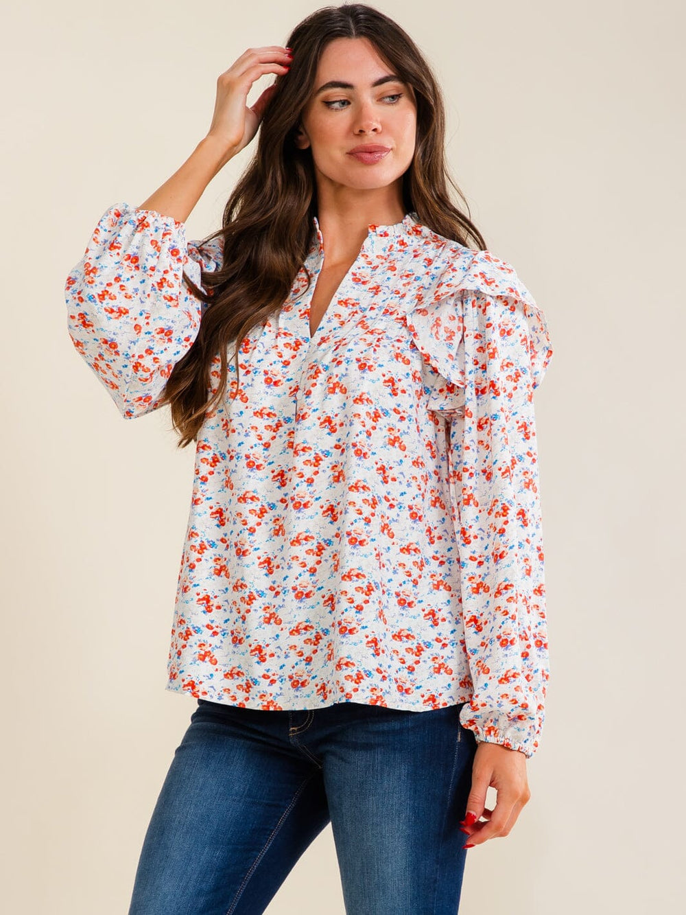 ENTRO WOMEN'S LONG SLEEVE V-NECK BUTTON UP FLORAL PRINT BLOUSE